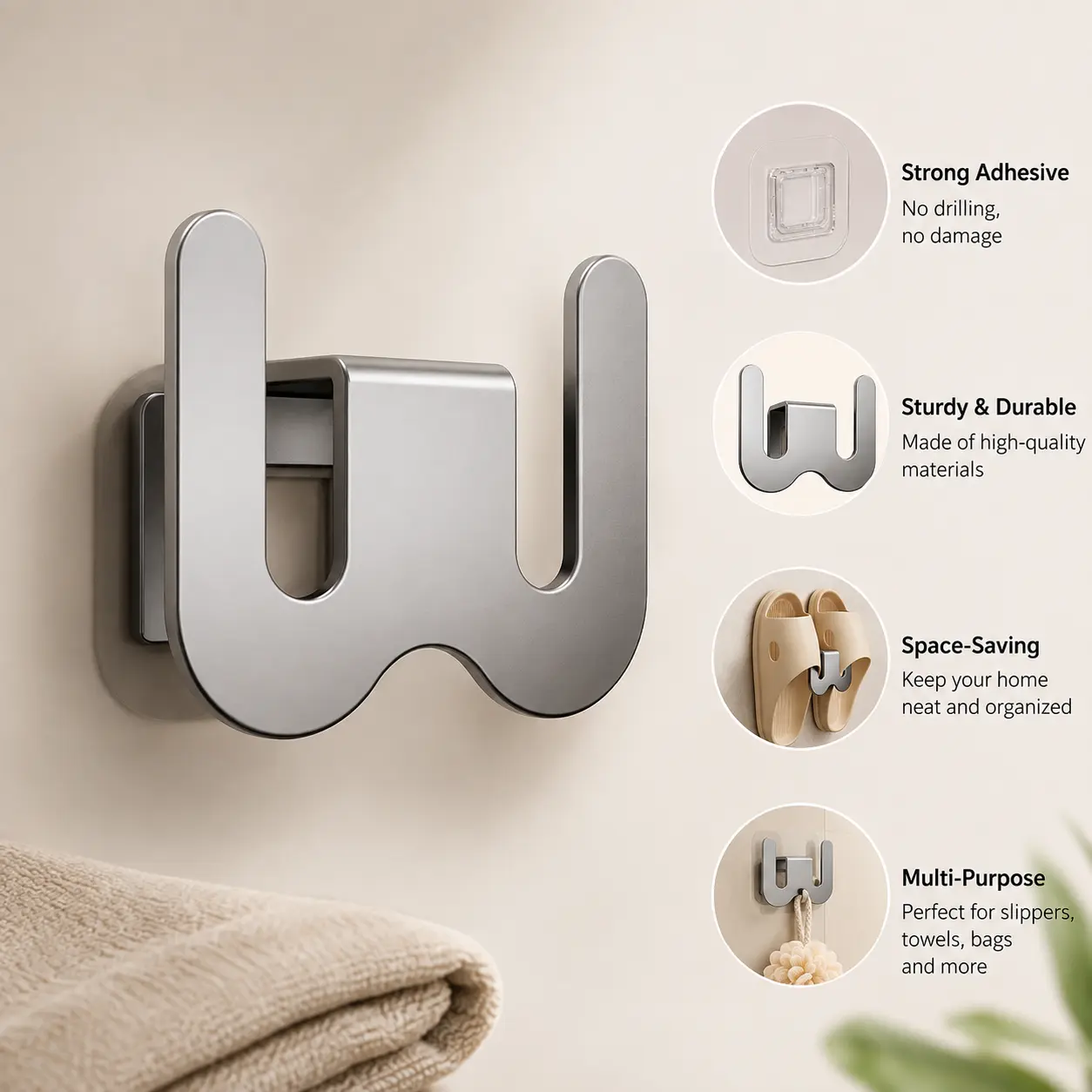 1 Count Adhesive Wall Mounted Slipper Hanger, Punch-Free Metal Slipper Hook for Bathroom Wall and Cabinet Slipper Storage