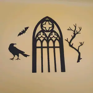Gothic Halloween Die Cut Set - 110lb Black Cardstock with Arch Window Raven Tree Branch & Bat for Spooky Crafts