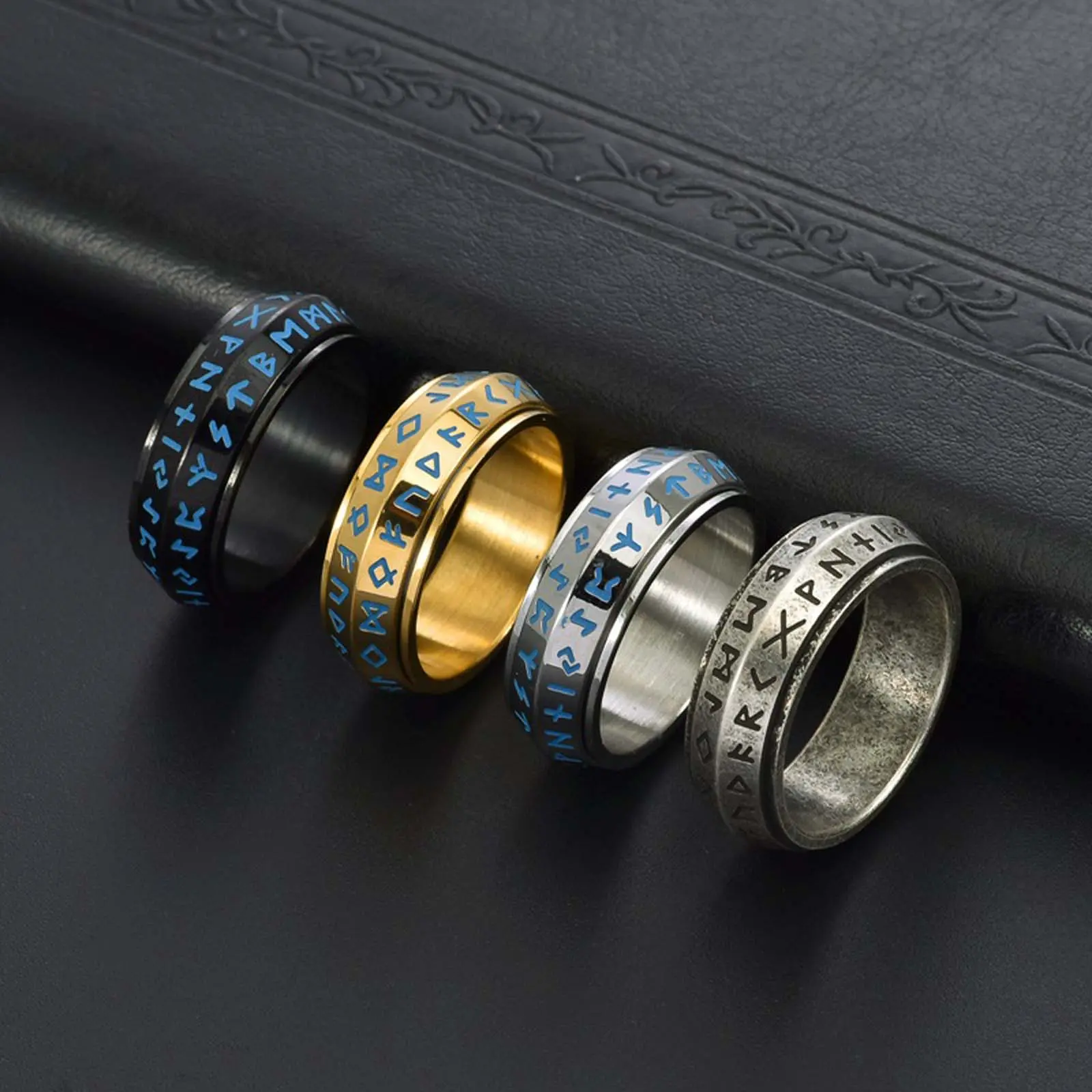 Vintage stainless steel beveled Viking Rune luminous rotating men's and women's personality ring suitable for party gifts