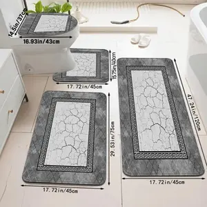 3pcs/4pcs Black Grid Border Black And White Marble Pattern Bathroom Mat Set Toilet Lid Cover Mat And Rug Bathroom Decoration U-Shaped Foot Pad