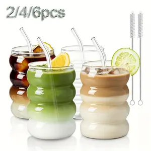 4/6pcs 350ml/11.8oz High Borosilicate Glass Coffee Cups with Straws, Premium Drinking Glasses, Vibrant Glass Cups, Durable Glass Cup, Ripple Shaped Vintage Drinking Glass Matcha Cups Clear Aesthetic Glassware for Water, Tea, Juice, Coffee, Milk, Gift