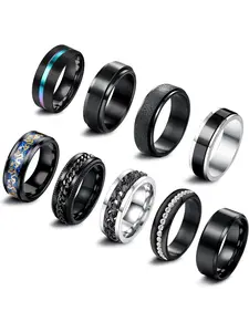 9 Pieces Stainless Steel Stackable Rings Men's Fidget Ring Spinner Ring Vintage Signet Ring Cool Band Ring Men Wedding Ring Engagement Ring Black Silver Rings Set Anxiety Ring for Men Women Jewellery Stacking Rings