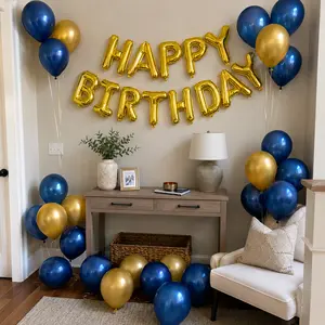 Blue & Gold Birthday Balloon Set, Happy Birthday Foil Banner, Blue & Gold Latex Balloons, Birthday Party Decorations for All Ages, Room Decor, Bedroom Surprise, Gift Backdrop