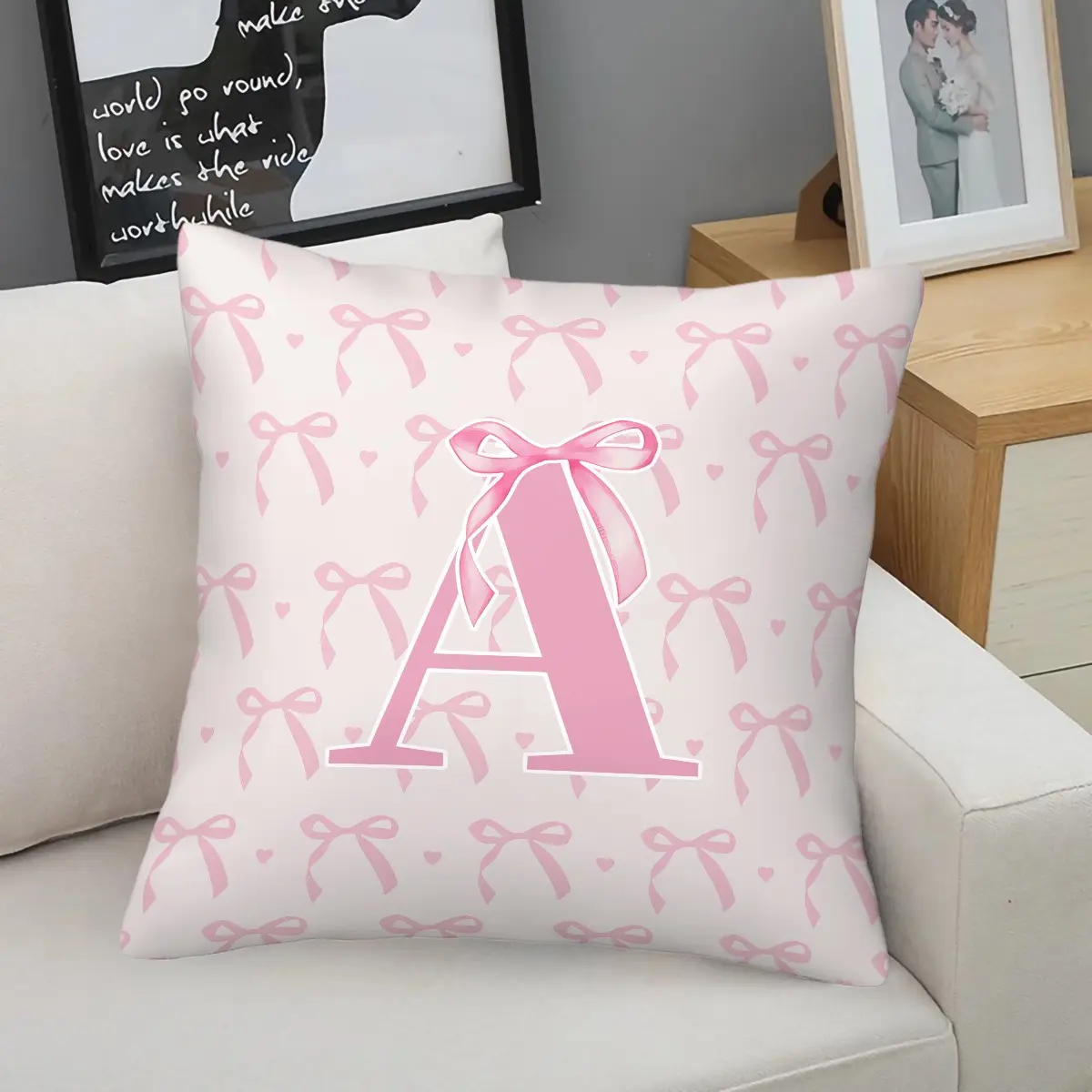 Pink Bow Throw Pillow, Custom Initial Heart Print, Soft Durable Decorative, Perfect for Sofa Bed Bedroom Decor (With Filling) Square Cushion, Creative Decorative Cushion