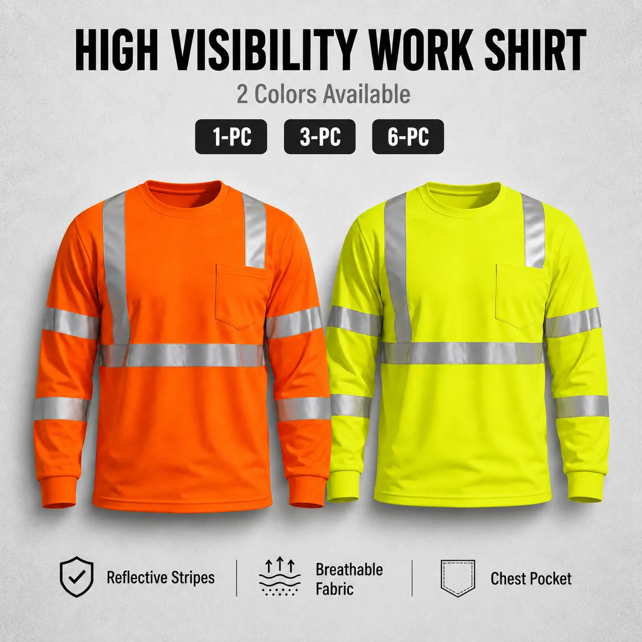 Pomerol Men's High Visibility Long Sleeve Work Shirt – Breathable Lightweight Fabric with Pocket, Reflective Strips for Construction, Warehouse, Outdoor & Night Safety, Neon Yellow