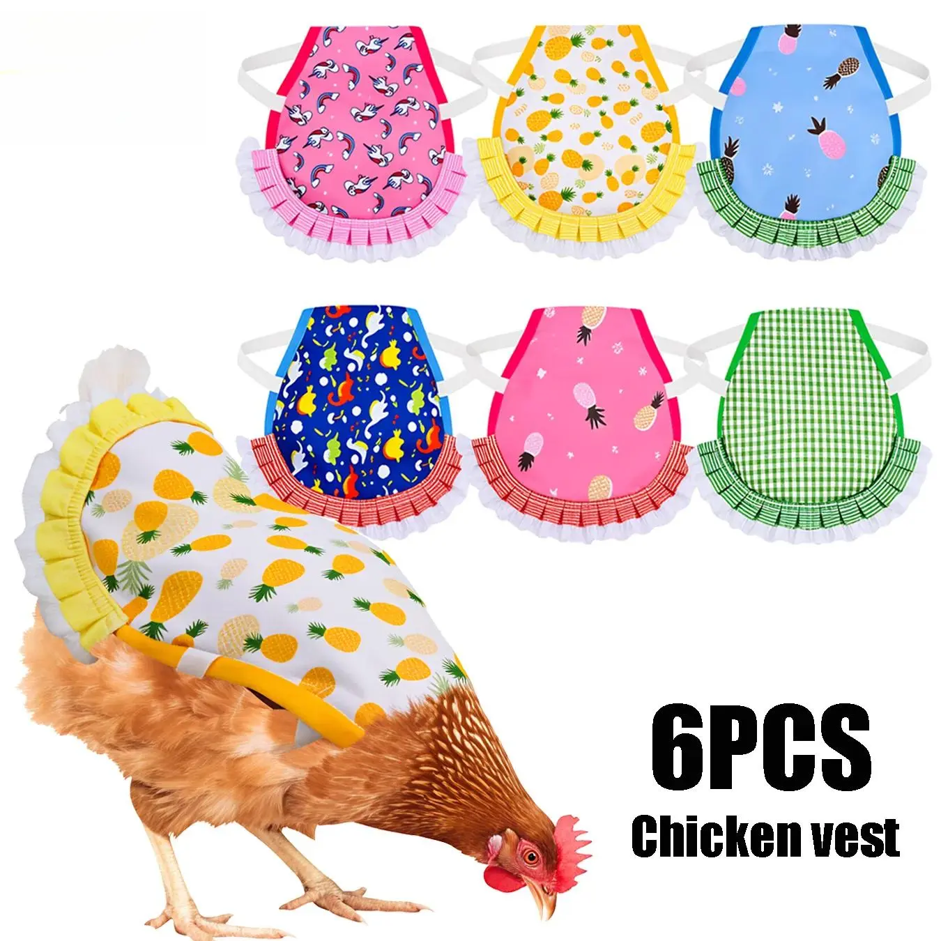 6PCS Chicken Saddles for Hens, Printed Canvas Hen Apron Vest with Adjustable Elastic Straps, Breathable Feather Protector Wing Back Side Cover Prevent Pecking Wounds Promote Healing for Small Medium Hens