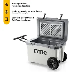 RTIC 52 Quart Ultra-Light Wheeled Hard Cooler Insulated Portable Ice Chest Box for Beach, Drink, Beverage, Camping, Picnic, Fishing, Boat, Barbecue, 30% Lighter Than Rotomolded Coolers