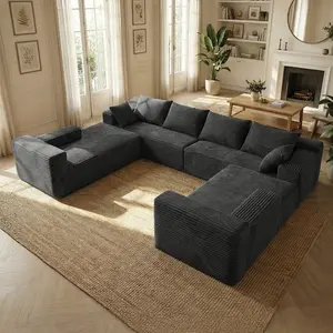 Modern style U-shaped combination sofa | Soft corduroy fabric,  suitable for the living room, modular floor sofa that saves space, , convertible into a combination sofa bed. b couch viral black color fluffy furniture foam memory pillow free big comfy huge