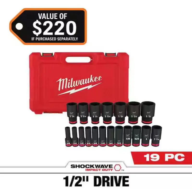 Milwaukee SHOCKWAVE Impact Sockets Set - 1/2 in. Drive, SAE 6 Point, 19 Pieces, for Automotive & Construction Tasks