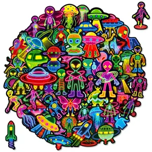 Alien Stickers 56 Pcs Neon Space Sticker Pack, Decal Sticker, Fun Stickers, Neon Space Design, Reward & Prizes for Kids Classroom, Waterproof Vinyl Stickers, Versatile Use, for Water Bottles, Scrapbook, Journal, Skateboard, Cup, Laptop etc