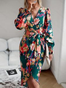 women's random print belted wrap long sleeve dress, boho elegant v neck bishop sleeve midi dress for summer, women's clothing for daily wear
