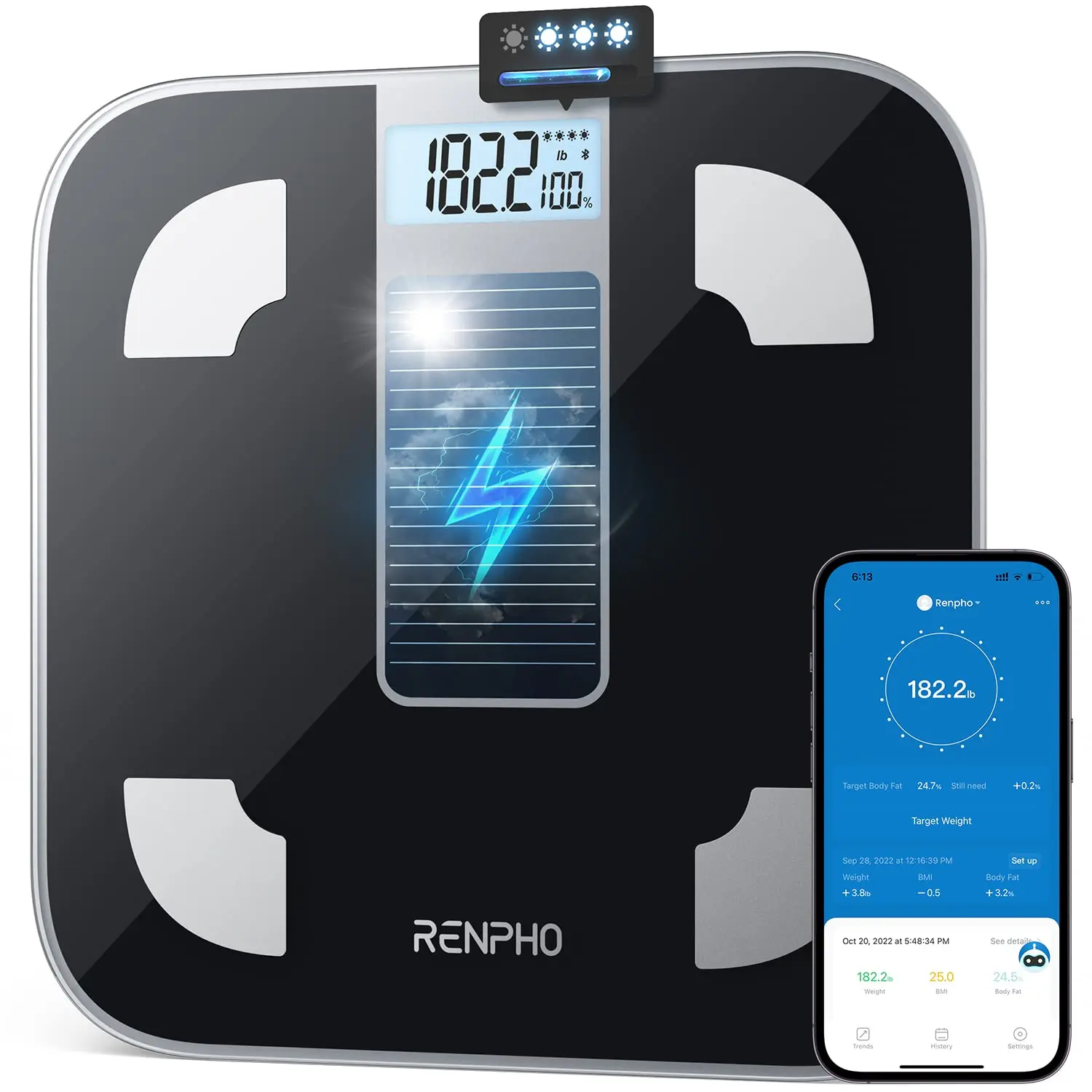 RENPHO Smart Scale for Body Weight, FSA&HSA Eligible, Digital Bathroom Scale BMI Weighing Bluetooth Body Fat Scale, Body Composition Monitor Health Analyzer with Smartphone App, 400 lbs - Elis Solar 1