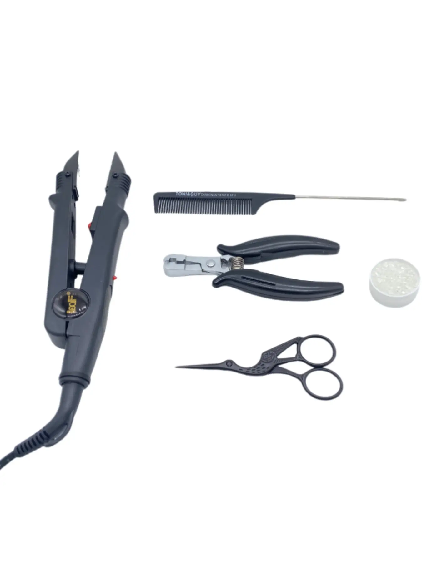 5 pcs Hair Extension Kit, Wig Installation Kit Includes EU plug 611B Constant Temperature Hair Extension Iron, Sectioning Comb, Italian Glue Pellets, Wig Glue Adhesive, Hair clip Scissor, Hair Extension Pliers, Suitable for All Wig Hair Extension Needs