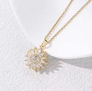 Gold Flower Fidget Necklace Rotatable Crystal Silver Blossom Pendant Necklaces Adjustable Spinning Fidget Necklaces Redbud Flower Choker Funny Gift Jewelry,eve valentines day gift,necklace stack,romantic gifts for her,Gold Plated  Pendant Necklace
