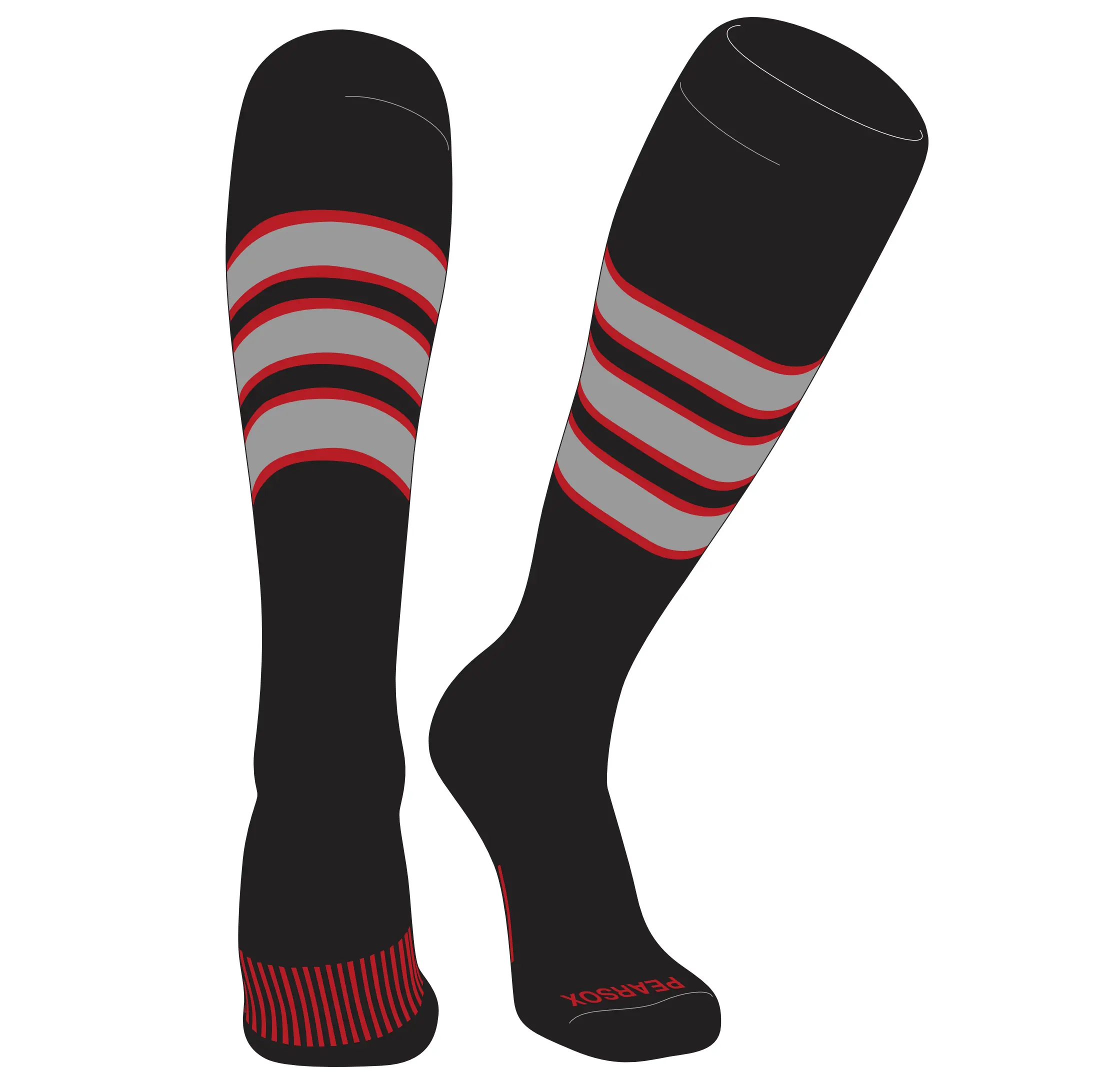 Pear Sox Striped Knee High Baseball, Football Socks (C) Black, Red, Silver