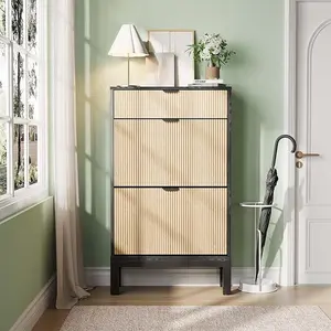 Shoe Storage Cabinet with 2 Flip Drawers, Farmhouse Fluted Shoe Organizer with Metal Legs, Freestanding Hidden Slim Narrow Shoe Rack for Entryway, Foyer, Hallway Furniture Adjustable