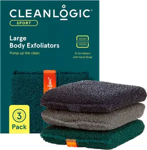 Cleanlogic Sport Large Body Scrubber Exfoliating Tool for Athletes 3 Pack Assorted Colors with Hand Strap for Smooth Clean Skin Care - Shower