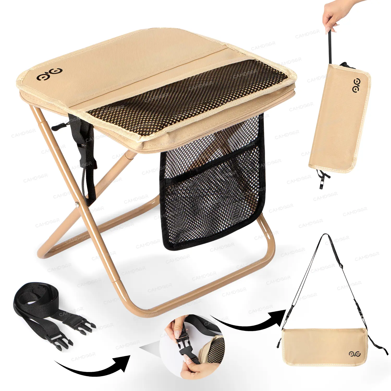 Portable Outdoor Folding Chair with Shoulder Strap, 1.5 lbs ultra light, Max Load Capacity 500lbs, Two side pockets & Velcro storage, For Queuing, Fishing, Hiking Tours, BBQ, Parties, Elderly, Camping equipment, Camping supplies, Camping Chairs