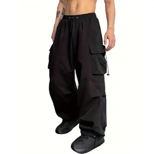 Men's Brown Parachute Cargo Pants - Loose Fit, Y2K Style with Drawstring Waist & Multi-Pocket Design, Durable Polyester, Machine Washable for Casual Outdoor Wear, Parachute Pants