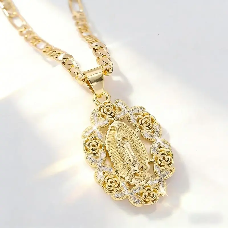 14K Gold Plated Our Lady of Guadalupe & Virgin Mary Pendant Necklace, Rose Design Cuban Chain with Cubic Zirconia Accents – Christian Catholic Jewelry Gift for Mom Wife Girlfriend