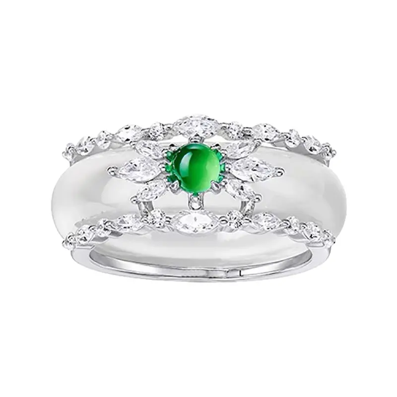 New Chinese-style natural white chalcedony floral green bead ring for women, a double concentric set ring that rivals the luxury and sophistication of high-end rings