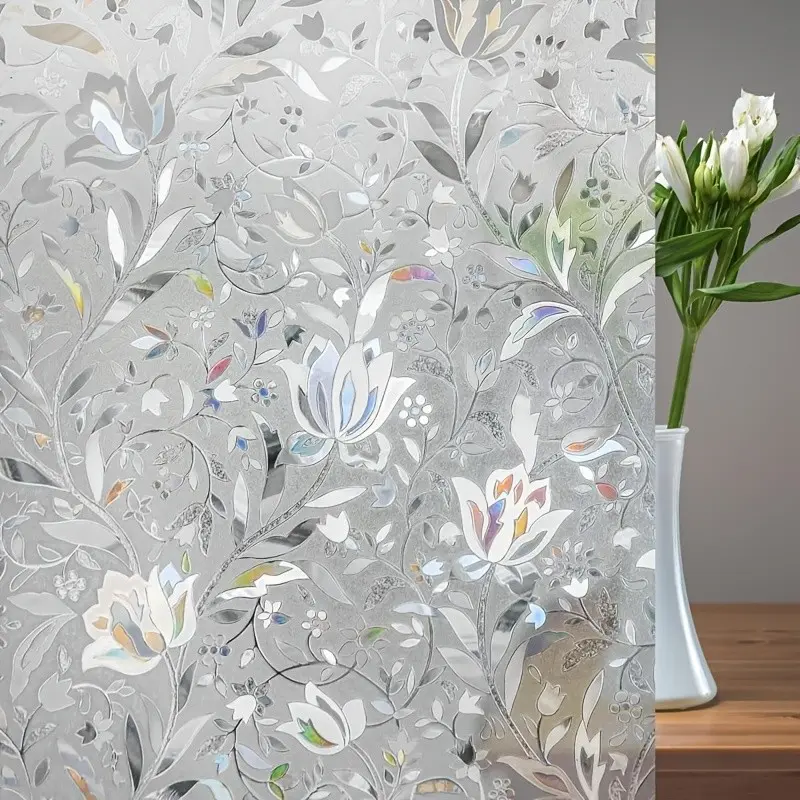 Privacy Floral Window Film Roll, Static Adhesive Self-Adhesive Removable Window Decal, Self Adhesive Sticker, Decorative Glass Covering, Transparent Half-Tone Tulip and Leaf Pattern Design, Office and Bathroom Decor
