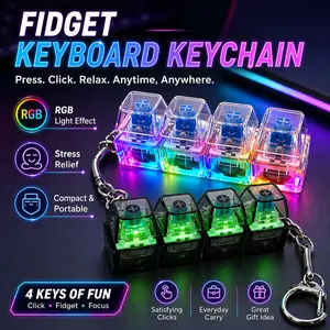 LED Keyboard Fidget Keychain, 4-Key Clicker Toy for Stress Relief, Light Up Sensory Desk Accessory, Mini Decompression Keychain for Office, Travel, Study, Gift Idea for Adults & Teens, Transparent Crystal Clear or Black