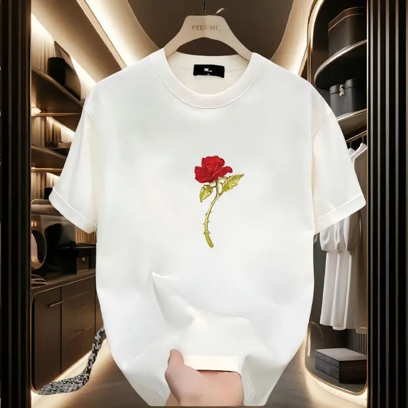 Men's Korean Style Floral Graphic T-shirt, USA Made from Soft 180g Combed Cotton Fabric, Lightweight & Breathable for Casual Summer Wear, Floral Print