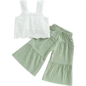 Toddler Baby Girls Summer Outfit Sleeveless Lace Embroidery Clothes Toddler Kids Tank Tops Bell-bottom Pants Set