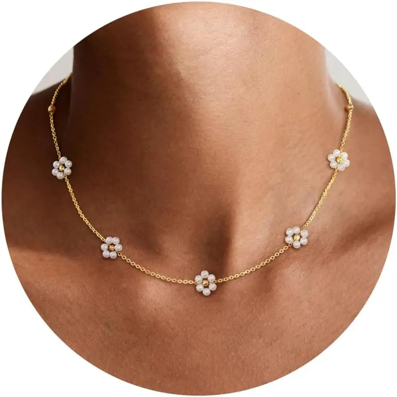 Cute Daisy Pearl Necklace for Girls 14K-Gold-Plated Clover Butterfly Cubic Zirconia Flower Station Necklaces for Women Teen Girl Gifts
