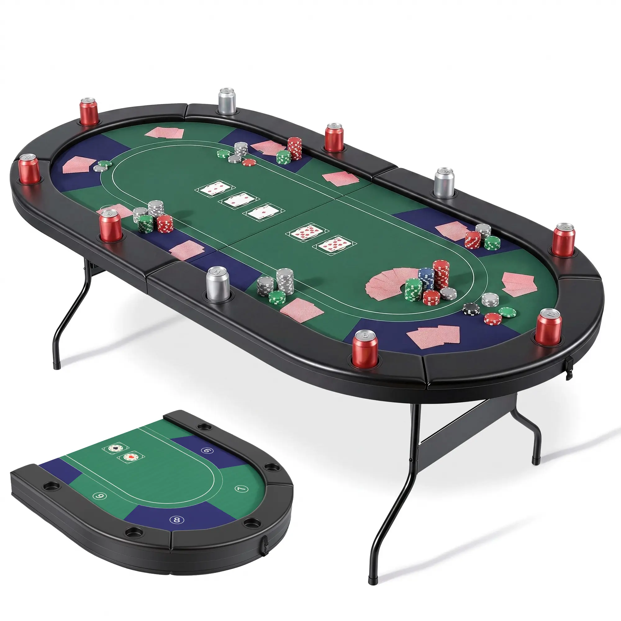 7FT Folding Poker Table 10 Players Oval Texas Holdem Poker Table with Cup Holders & Black Padded Rails for Home Game Nights Clubs & Parties