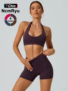 2 piece set women's sports bras shorts detachable chest pads hanging neck exposed back high waist high elasticity abdominal compression hip lifting comfortable quick drying yoga clothes gym training golf tennis clothes women's sports clothes