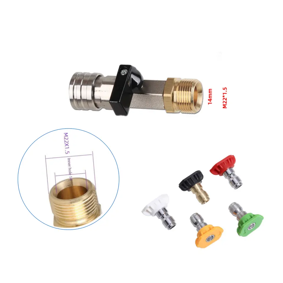 tainless steel garden hose to high-pressure washer adapter: converts a 3/4-inch GHT connector to a 1/4-inch quick connector, leak-proof design, with 0°, 15°, 25°, 40°, and 65° adapter nozzles, suitable for driveway cleaning.