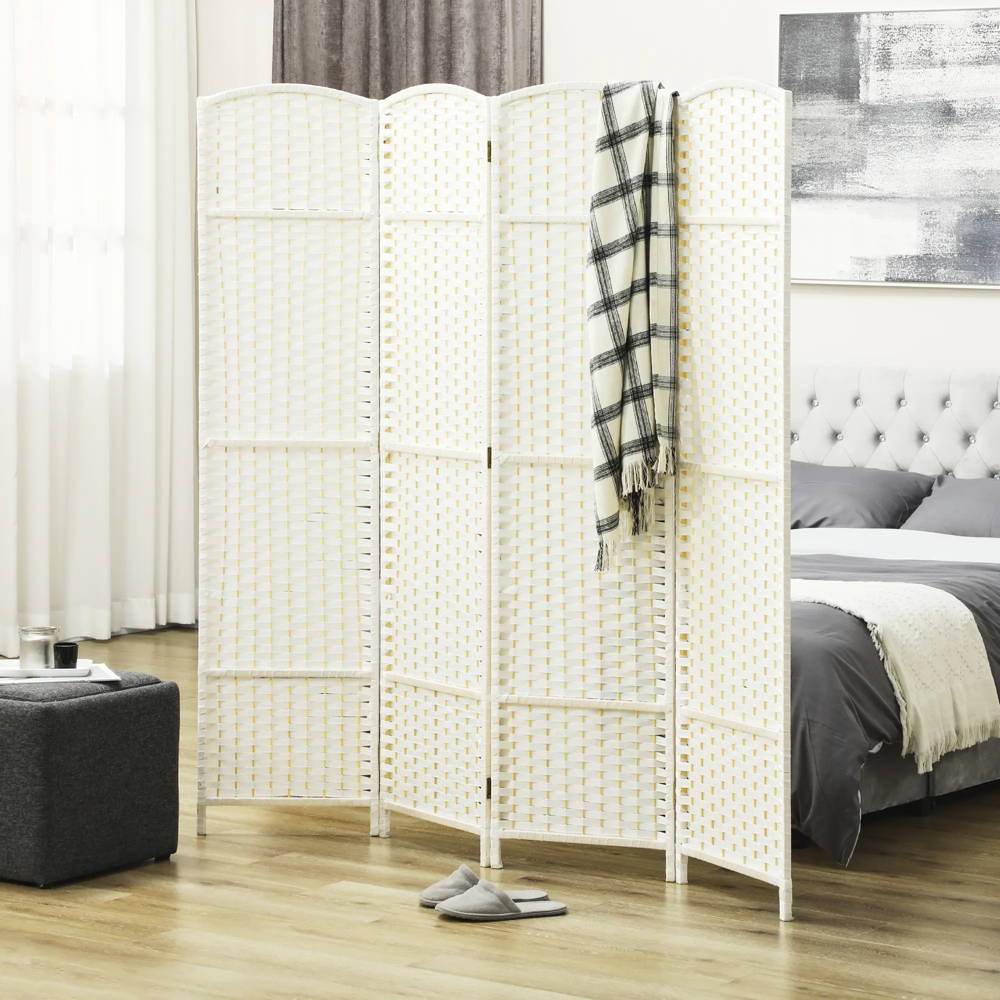 White 4-Panel Folding Room Divider Screen, 5.6ft Tall Freestanding Privacy Partition, Modern Portable Floor Separator for Home Office, Living Room