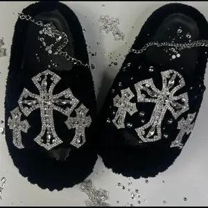Viral Black Yarn Slides with Silver Bling Cross | Handmade Cozy Slippers | Trendy Fuzzy Slides for Women | Fashion Sandals | Gift for Her