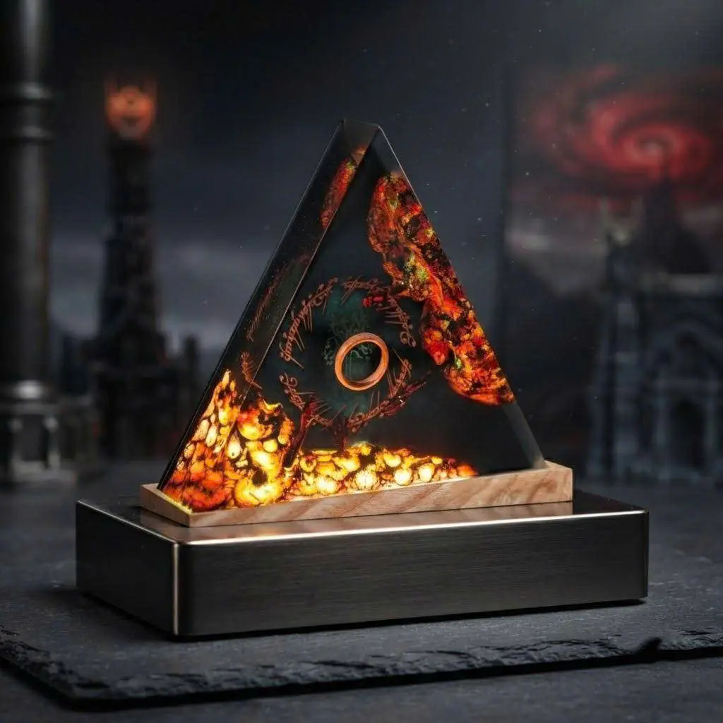 Handmade Pyramid Epoxy Resin Night Light, Volcanic Mountain and Magic Gold Ring Diorama LED Lamp with Glowing Magma Background, Unique Desk Decor and Collectible Art Piece for Fantasy Fans and Room Decoration