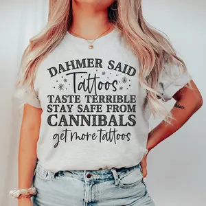 Stay Safe Get More Tattoos T-Shirt - Cotton Fabric Soft Top with Printed Text, Casual Style, Women's Wear