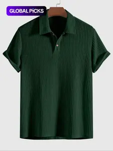 Men's Plain Jacquard Knit Polo Shirt, Regular Fit Casual Short Sleeve Button Front Green Top for Summer, Fashion Clothes for Daily Wear