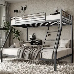 Nicole Selection Metal Bunk Bed Twin Over Full Size with Ladder & Guardrail, Metal Bed Frame for Teens Adults, Heavy Duty Sturdy Bunk Beds, Black Furniture Bedroom Sleeping Arrangements, YCTC103, For Christmas Gifts Dormitory Bed