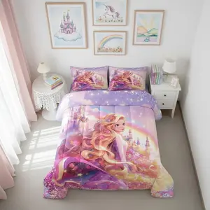 Princess Comforter Set,Fairy Tale Dreamy Castle Quilt Set,Soft Bed Collection,Watercolor Flowers Rainbow Starry Fantasy Girly Bedding Comforter for Kids Adults Home Decor