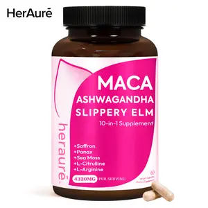 HerAuré Maca & Ashwagandha 10-in-1 Formula  – Slippery Elm, Saffron & Sea Moss – Mental Energy,Digestion,Moodbooster, Moisture,Relaxation, Bliss,Healthcare,Fitness-30 Servings,SummerVibes