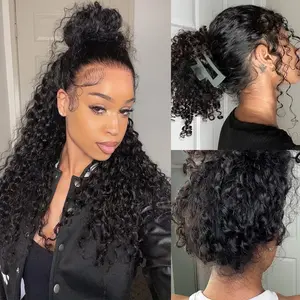 Hidden Strap kinky curly Invisi-Drawstring Flexible Fit 360 Lace Frontal Glueless Wig Human Hair Pre Plucked Pre Bleached 180% Density Wet and Wavy 360 Full Lace Front Wigs