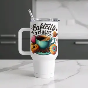 Cafecito y Chisme Green Cup - Reusable Mug with Straw, Multicolor Design, Includes Drink Options, UVDTF Wrap