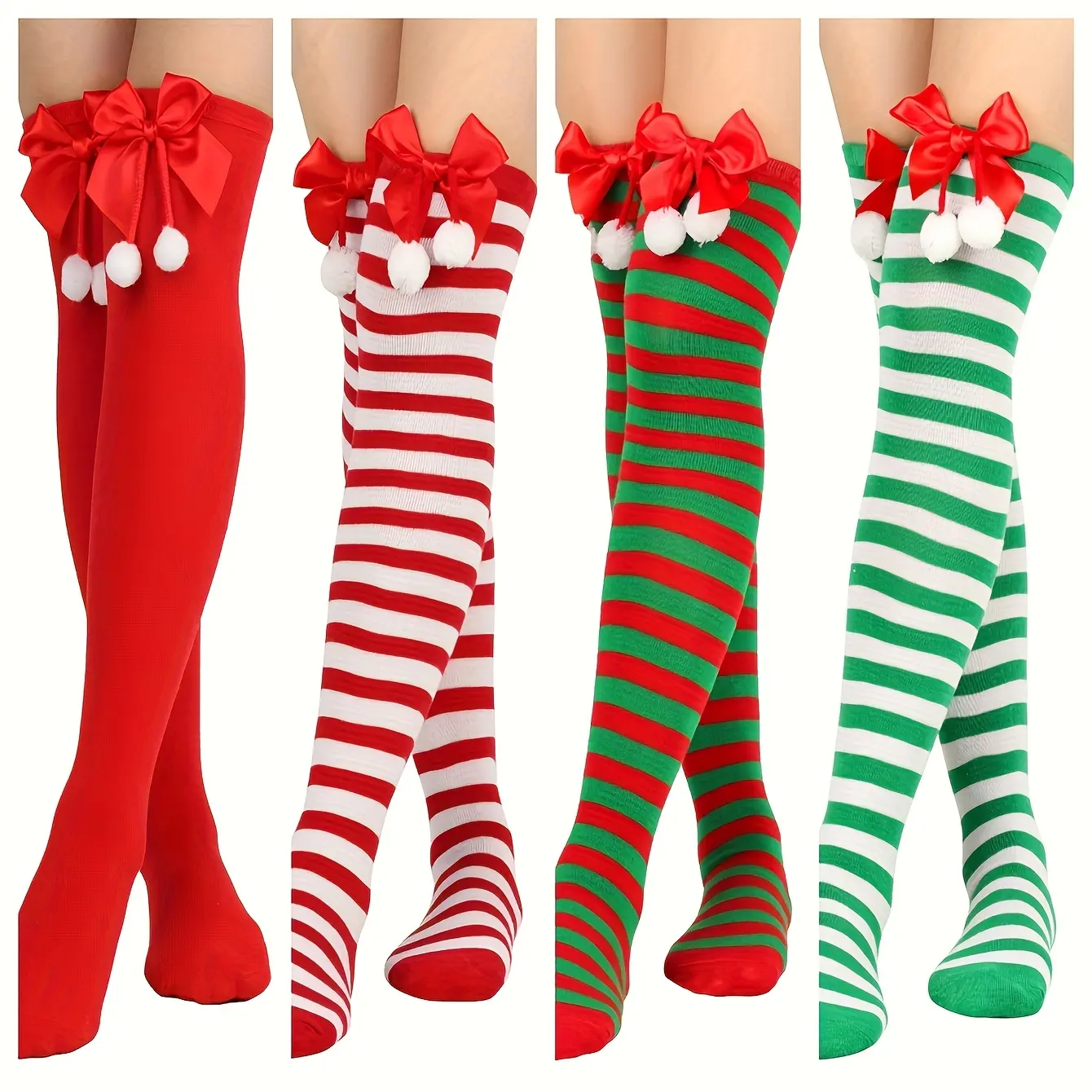 ChromaChic LEE 1 Pair Womens Over the Knee Christmas Stockings Thigh High Striped Elf Reindeer Candy Cane Patterns with Bow Pom Pom Trim Hand Washable Holiday Party