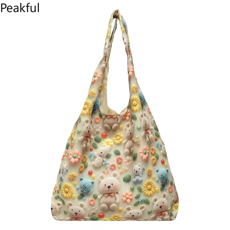 3D Floral & Bear Embellished Tote Bag, Cute Kawaii Pastoral Canvas Shoulder Bag, Spacious Aesthetic Handbag, Soft Durable Fabric, Great for School, Shopping, Casual Hangouts & Trendy Girly Daily Outfits