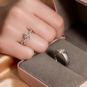 2pcs Cubic Synthetic Zirconia Wedding Ring Set - Adjustable Open Band, Engagement Rings for Couples, Perfect Casual Attire Party Fashion Jewelry Gift