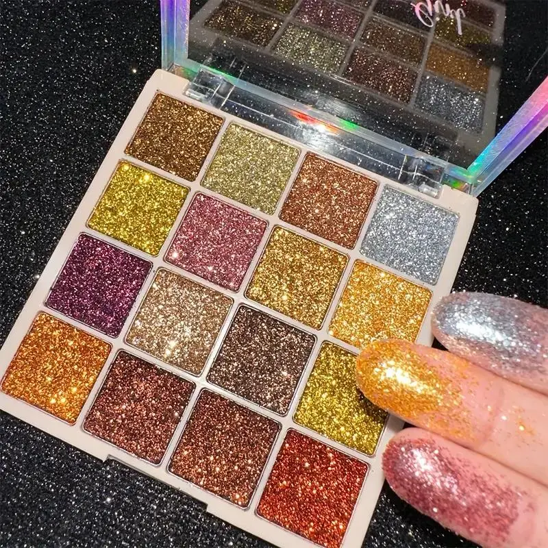 16 Color Glitter Eyeshadow Palette, Highly Pigmented Shimmering Eyeshadow Powder, Multipurpose Eye Shadow Makeup Products for Stage, Party, Cosmetic