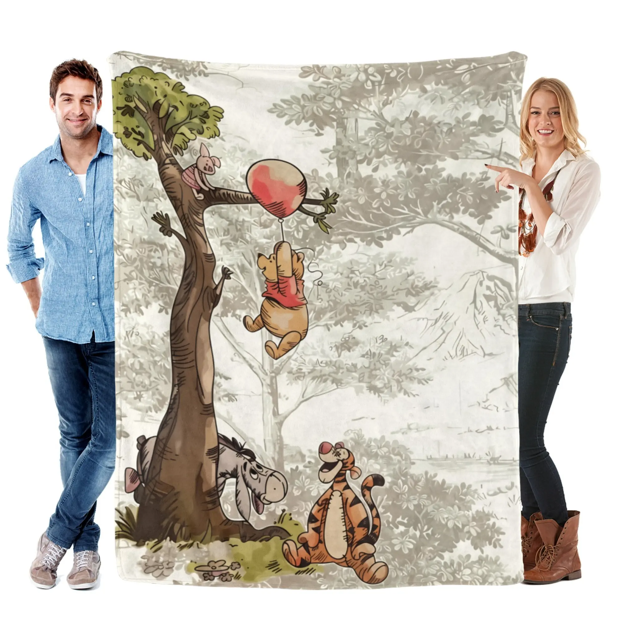 Disney Winnie the Pooh & Friends Ultra-Soft Fleece Cartoon Pattern Blanket - Classic Pooh Print, Breathable Lightweight Decorative Bedroom Blanket, Cottagecore Watercolor Art Infant Nursery Neutral Bedding Throw