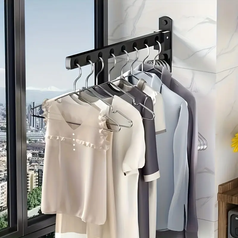 6/8-Hole Metal Clothes Hangers |     Wall-Mounted, Foldable & Space-Saving |     Matte Black End |     Multi-Use Drying & Storage Rack for Laundry Room, Bedroom, Bathroom |     Ideal for Garments & Additions, Hangers for Clothes