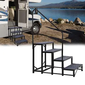 Garvee RV Steps with Single Handrail, 4-Step RV Stairs Hot Tub Steps with Non-Slip Mats, 660 LBS Weight Capacity, Portable Step Ladder for Travel Trailer, Camper, Porch, Outdoor Pool, Pets